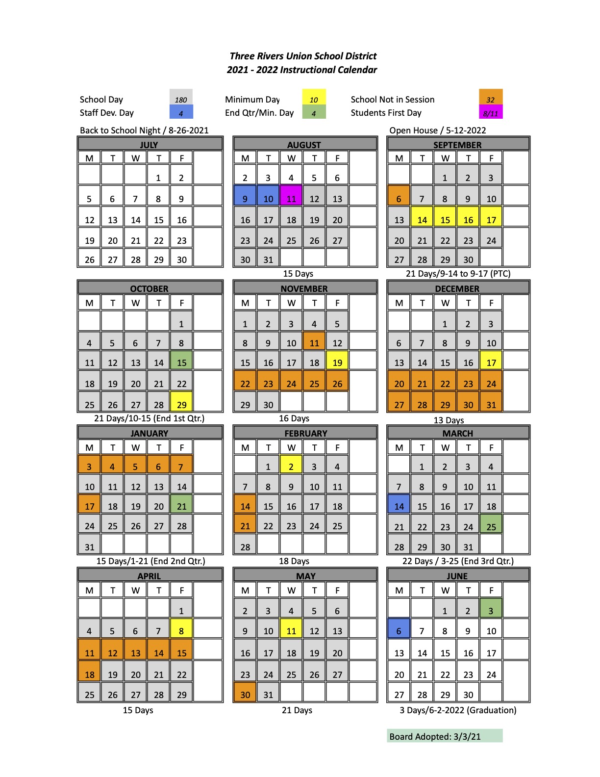 Three Rivers Union Elementary School District Calendar 2023-2024